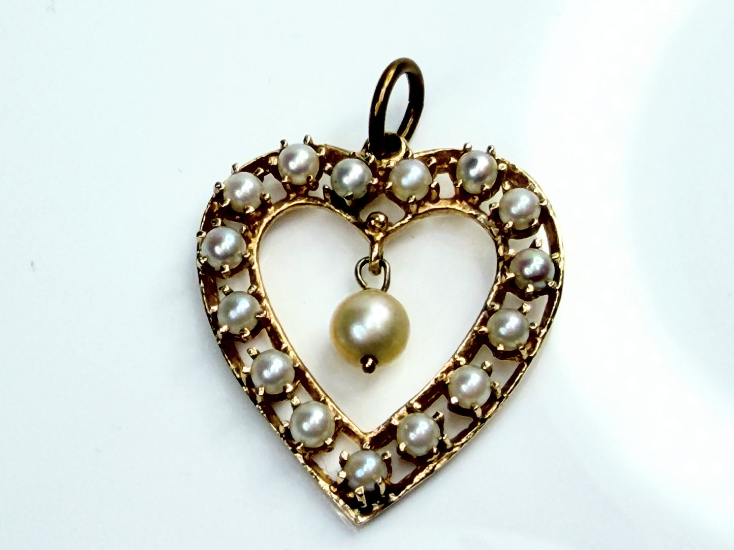 Art Deco 14K Gold Open Heart Seed Pearl Pendant with Dangle Pearl JR1477