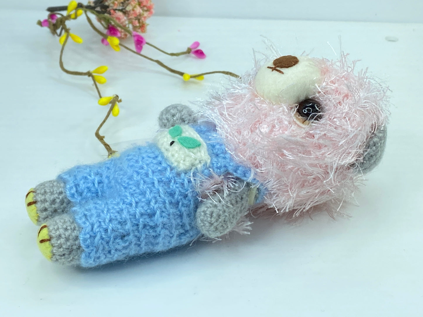 Japan handmade Pink mohair Bear blue crochet Romper 6" A388