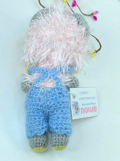 Japan handmade Pink mohair Bear blue crochet Romper 6" A388