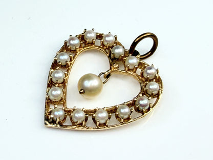 Art Deco 14K Gold Open Heart Seed Pearl Pendant with Dangle Pearl JR1477