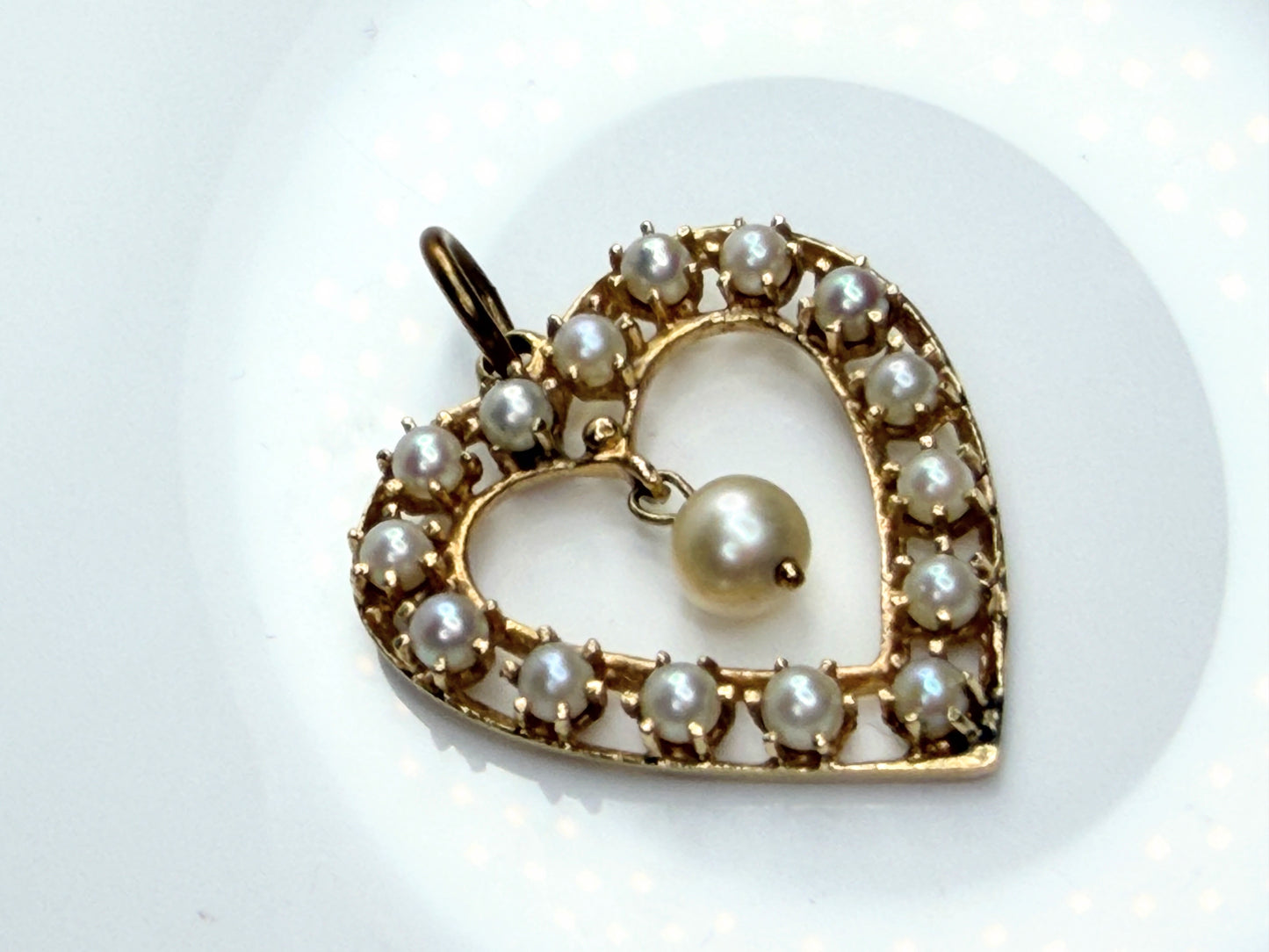 Art Deco 14K Gold Open Heart Seed Pearl Pendant with Dangle Pearl JR1477