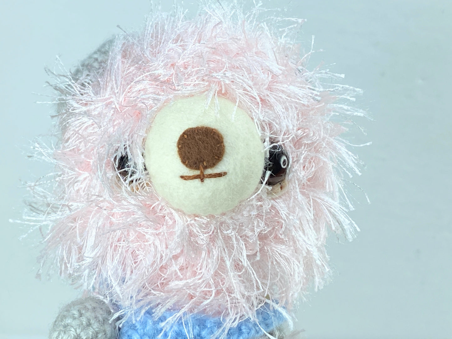 Japan handmade Pink mohair Bear blue crochet Romper 6" A388