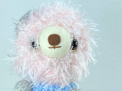 Japan handmade Pink mohair Bear blue crochet Romper 6" A388