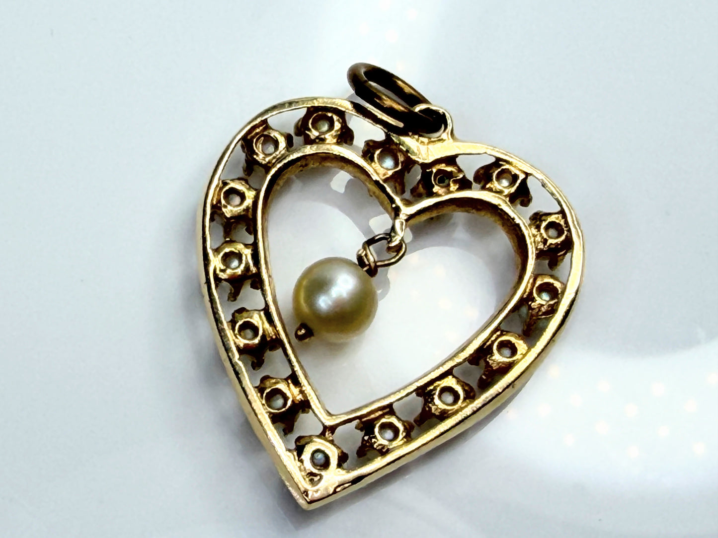 Art Deco 14K Gold Open Heart Seed Pearl Pendant with Dangle Pearl JR1477