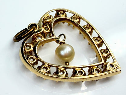 Art Deco 14K Gold Open Heart Seed Pearl Pendant with Dangle Pearl JR1477