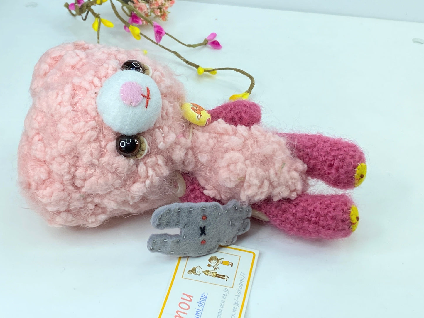 Japan Handmade Pink Wool Bear "Amou" Pink Romper with Puppet doll 6.5" A389