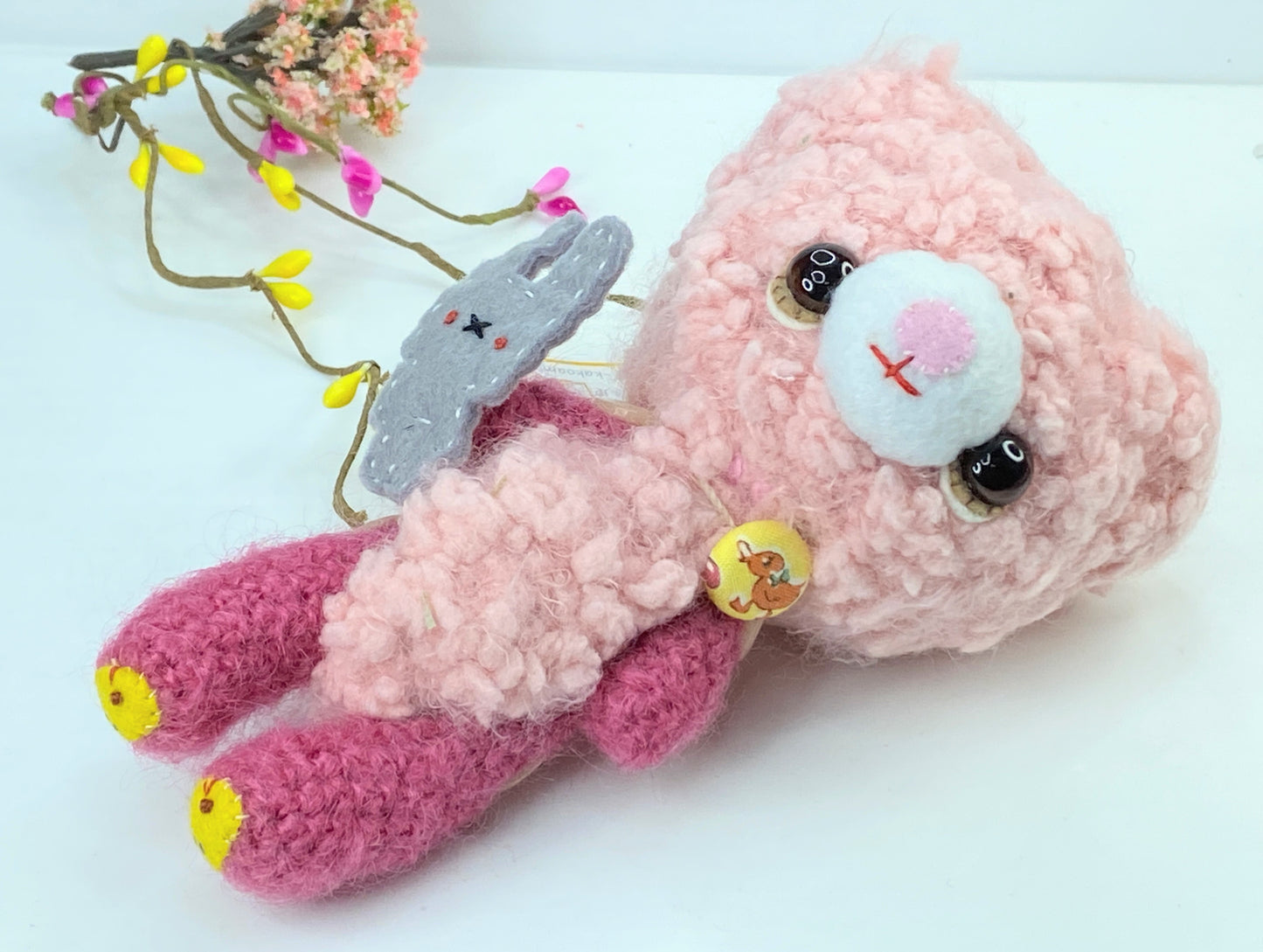 Japan Handmade Pink Wool Bear "Amou" Pink Romper with Puppet doll 6.5" A389