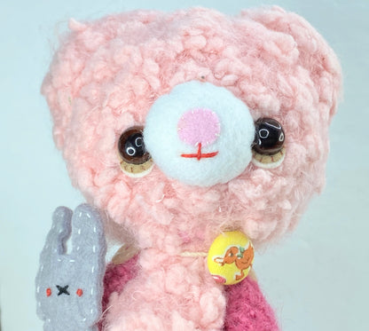 Japan Handmade Pink Wool Bear "Amou" Pink Romper with Puppet doll 6.5" A389