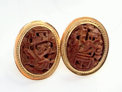 Vintage 14K Gold Chinese Carved Panel Cufflinks Landscape Motif SS252