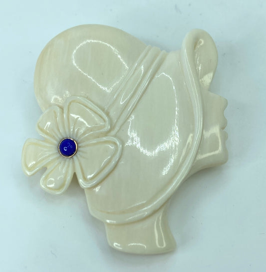 Art Deco Cream Bakelite Woman Lapis Flower adorn Flapper Hat brooch GS634