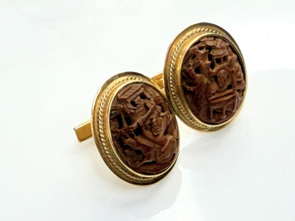 Vintage 14K Gold Chinese Carved Panel Cufflinks Landscape Motif SS252