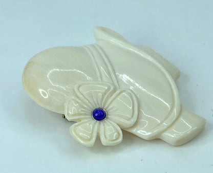 Art Deco Cream Bakelite Woman Lapis Flower adorn Flapper Hat brooch GS634