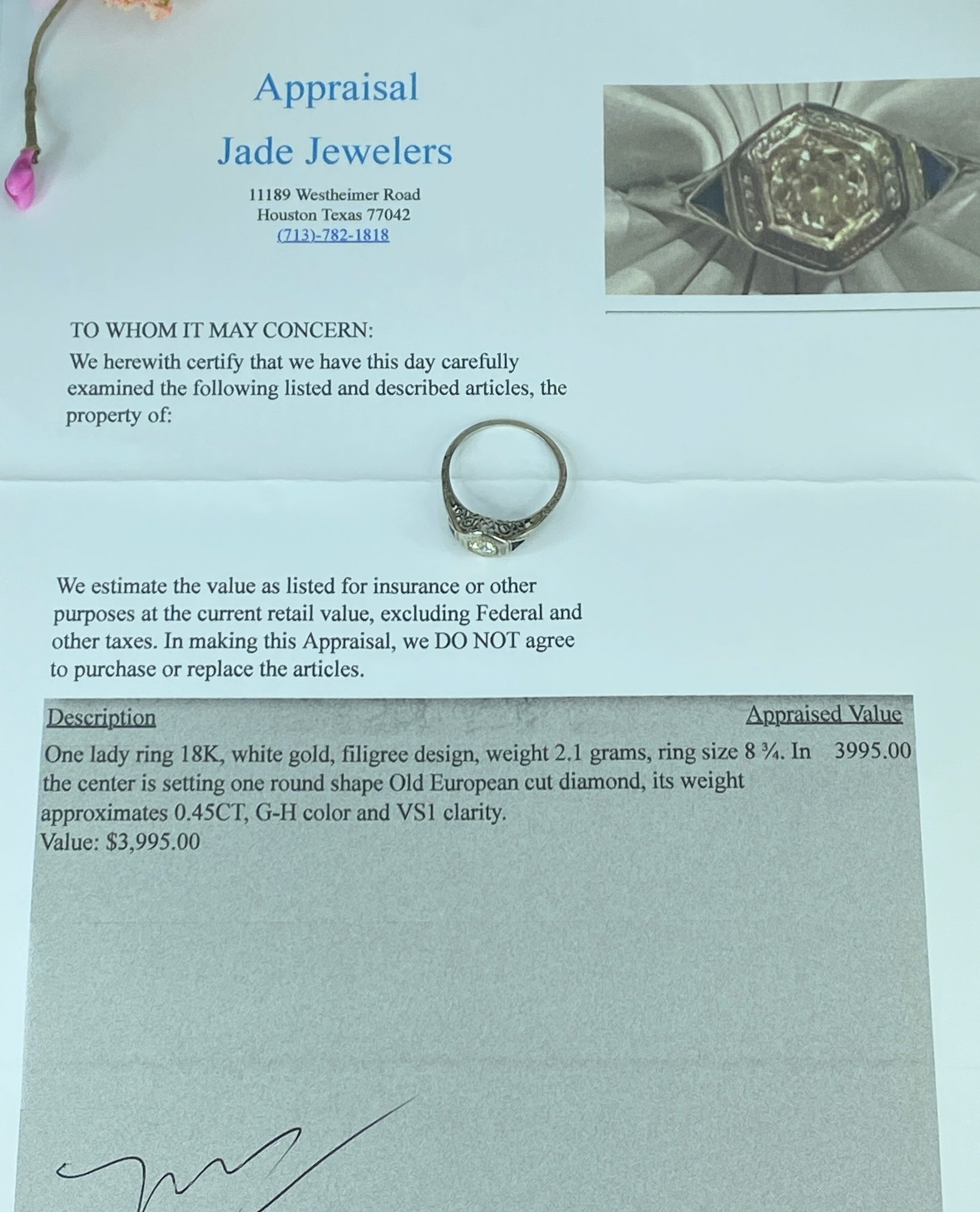 Art Deco 18K 0.45ct G/VS1 Old Euro Diamond and Sapphire Filigree Ring s8.5 JR433