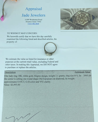 Art Deco 18K 0.45ct G/VS1 Old Euro Diamond and Sapphire Filigree Ring s8.5 JR433