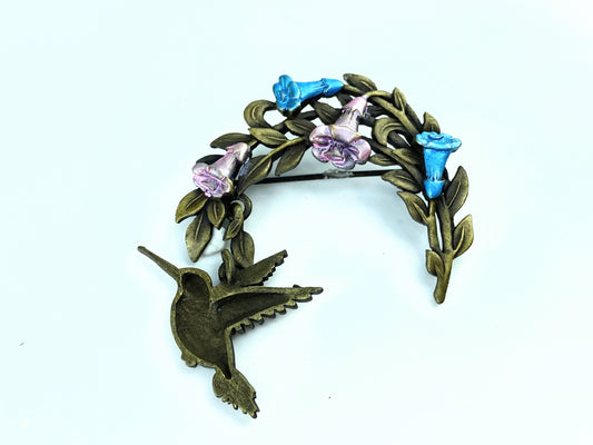 c1960's Enamel Morning Glory Hummingbird brass fashion brooch JR9621