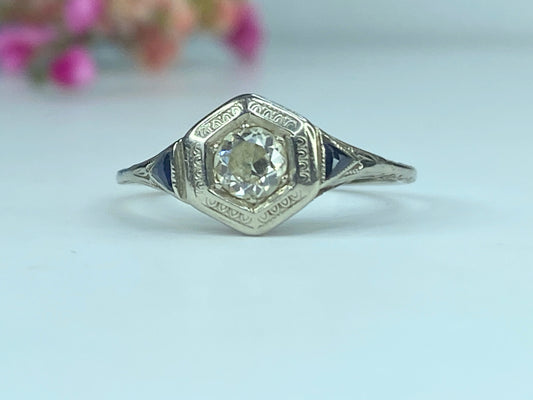 Art Deco 18K 0.45ct G/VS1 Old Euro Diamond and Sapphire Filigree Ring s8.5 JR433