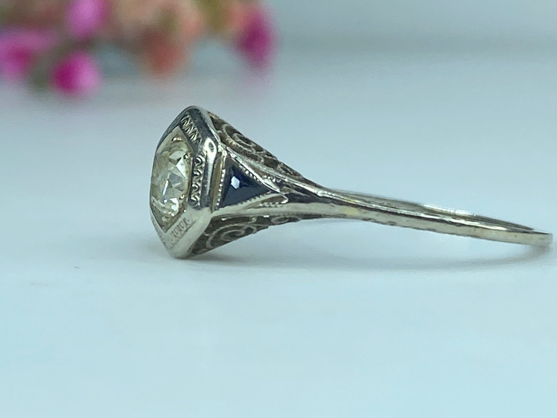 Art Deco 18K 0.45ct G/VS1 Old Euro Diamond and Sapphire Filigree Ring s8.5 JR433