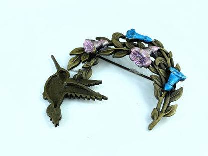 c1960's Enamel Morning Glory Hummingbird brass fashion brooch JR9621