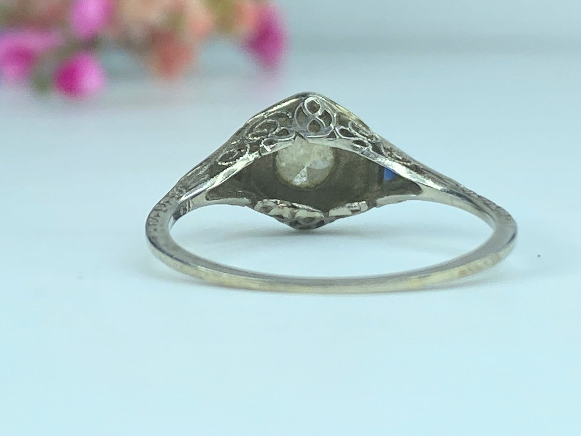 Art Deco 18K 0.45ct G/VS1 Old Euro Diamond and Sapphire Filigree Ring s8.5 JR433