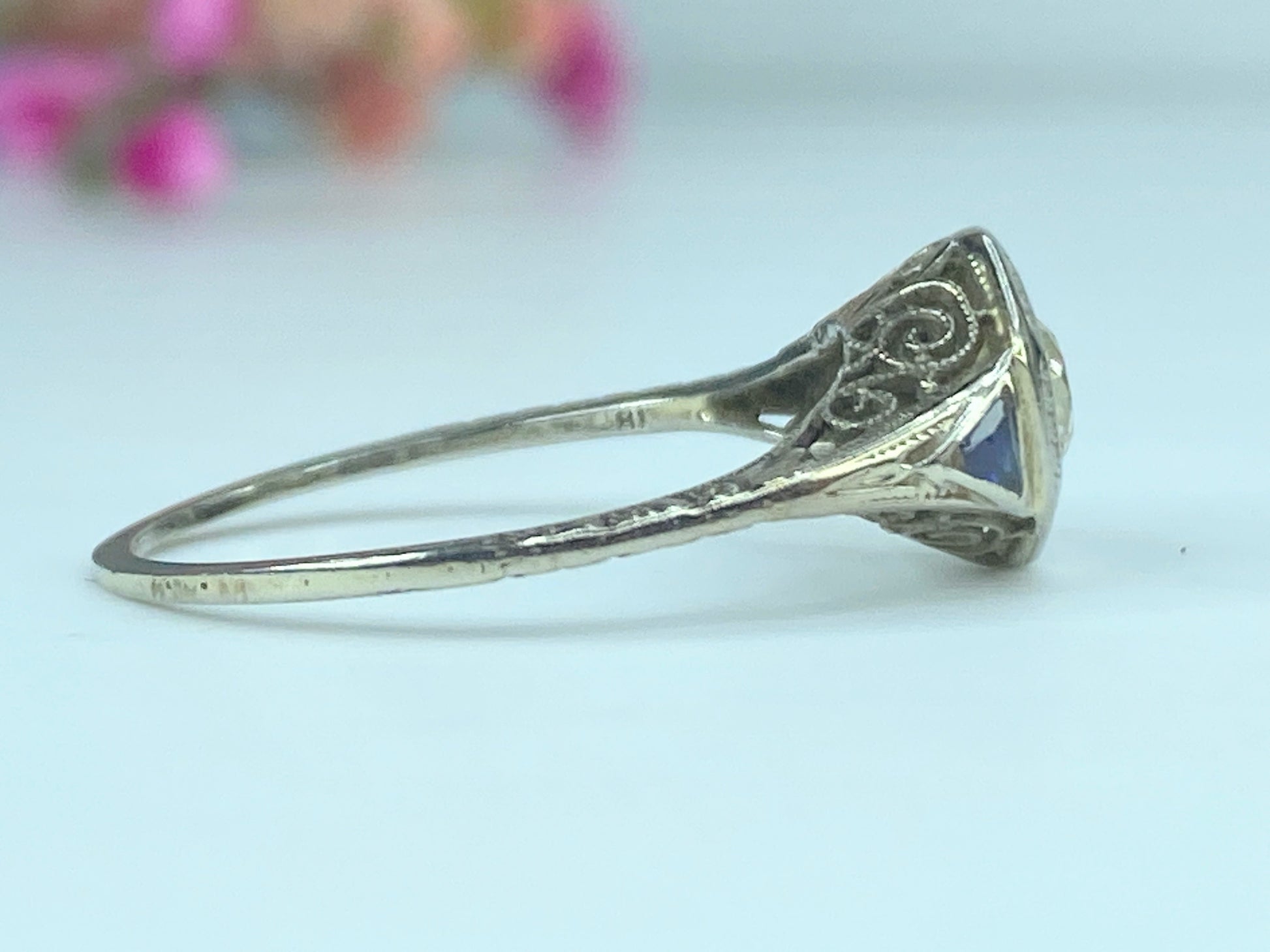 Art Deco 18K 0.45ct G/VS1 Old Euro Diamond and Sapphire Filigree Ring s8.5 JR433