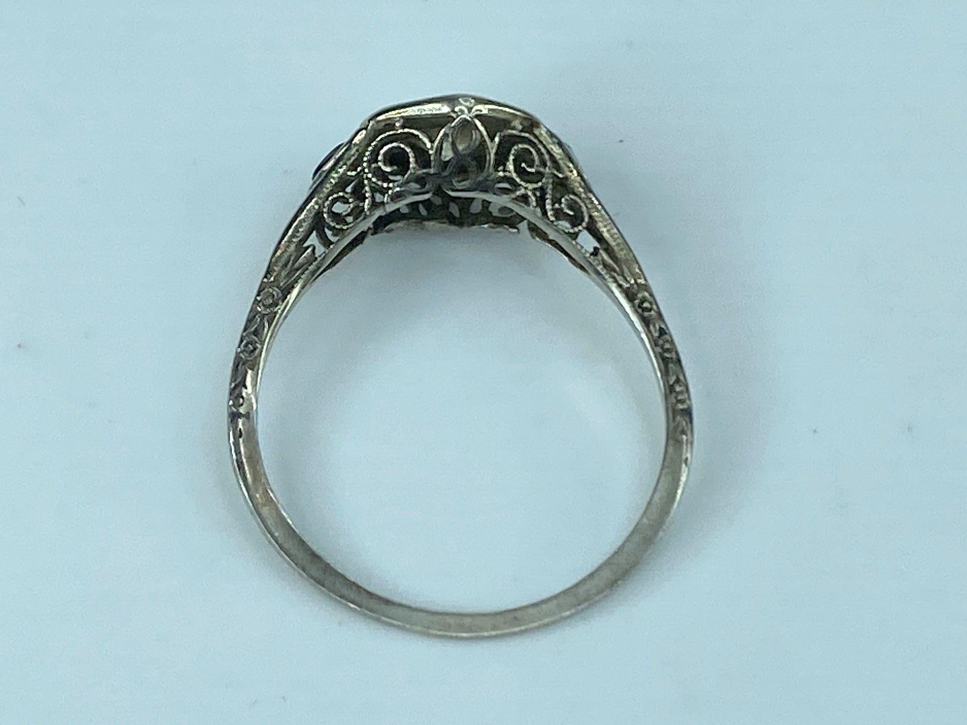 Art Deco 18K 0.45ct G/VS1 Old Euro Diamond and Sapphire Filigree Ring s8.5 JR433