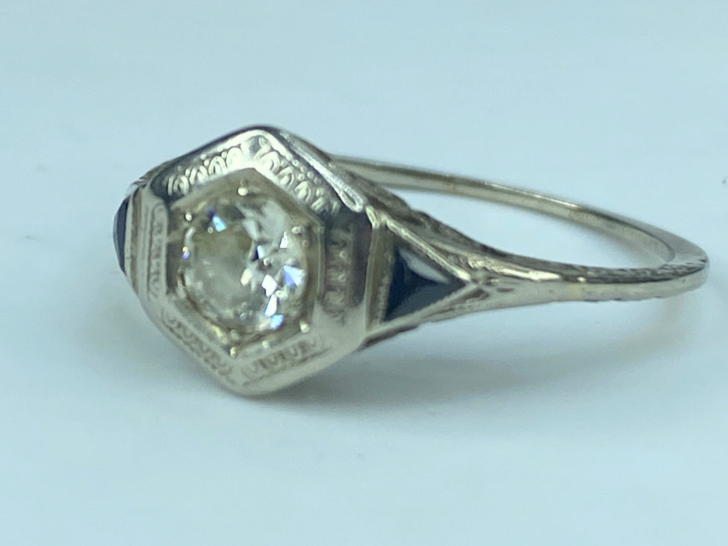 Art Deco 18K 0.45ct G/VS1 Old Euro Diamond and Sapphire Filigree Ring s8.5 JR433
