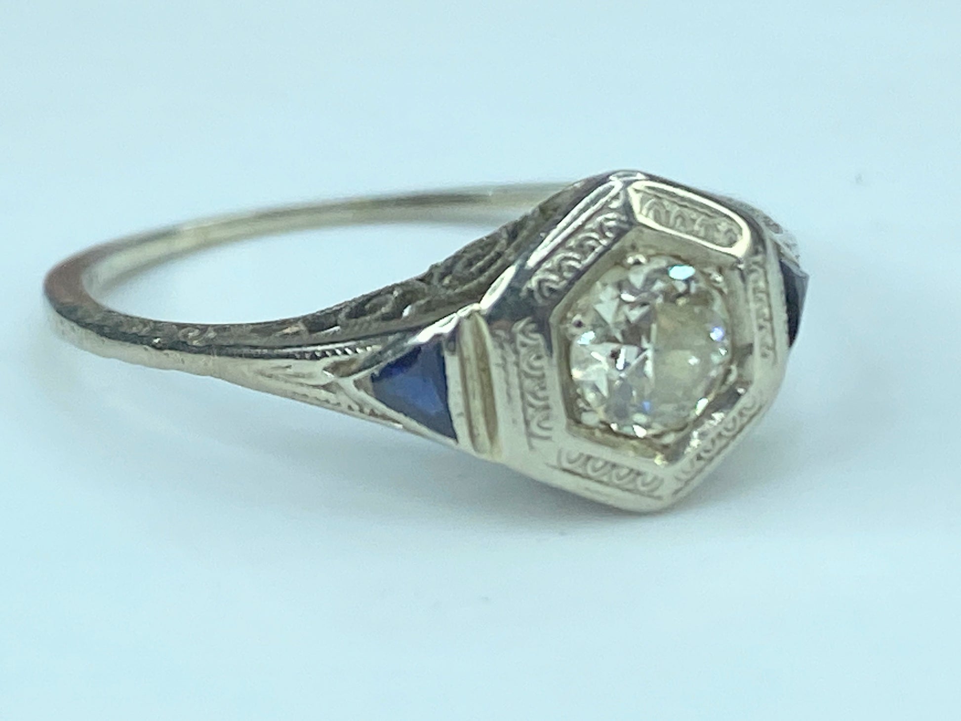 Art Deco 18K 0.45ct G/VS1 Old Euro Diamond and Sapphire Filigree Ring s8.5 JR433