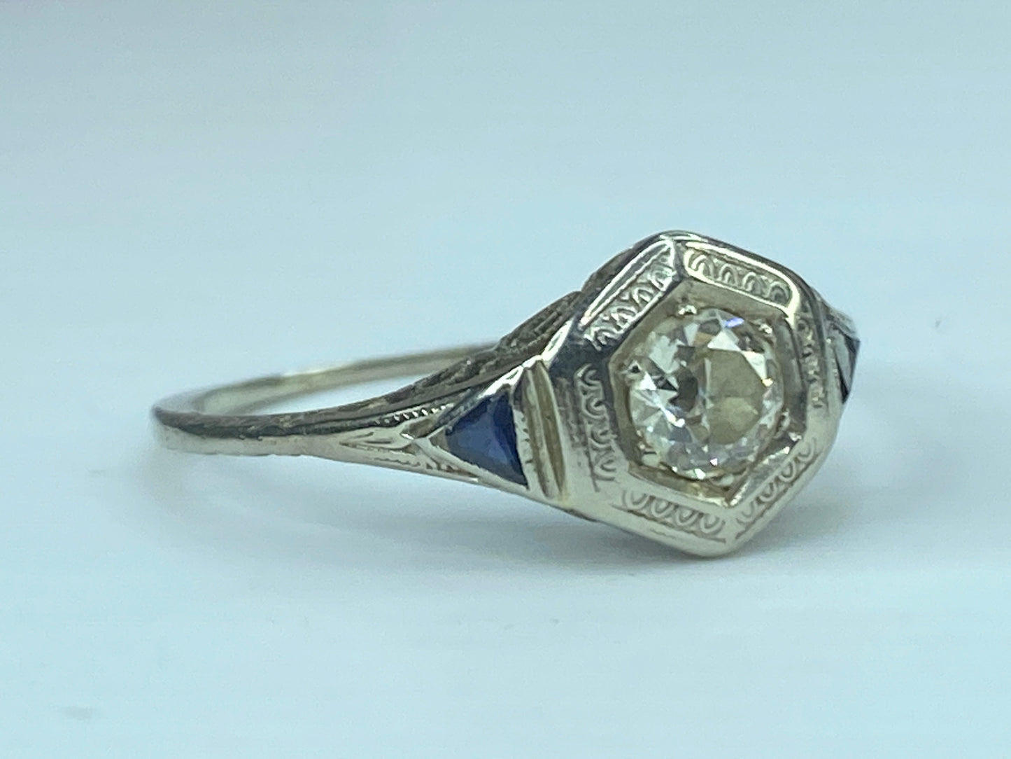 Art Deco 18K 0.45ct G/VS1 Old Euro Diamond and Sapphire Filigree Ring s8.5 JR433