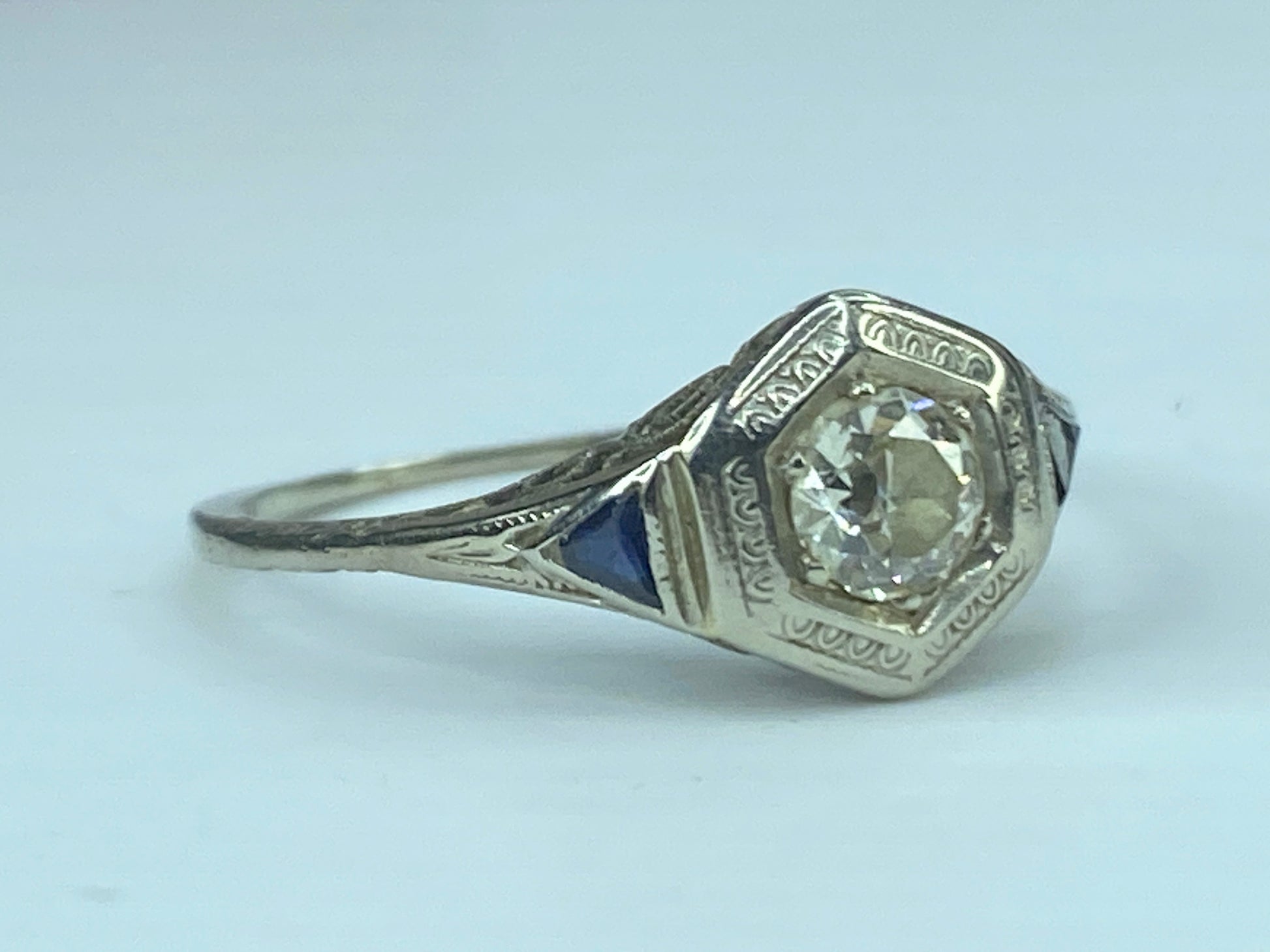 Art Deco 18K 0.45ct G/VS1 Old Euro Diamond and Sapphire Filigree Ring s8.5 JR433