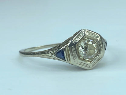 Art Deco 18K 0.45ct G/VS1 Old Euro Diamond and Sapphire Filigree Ring s8.5 JR433