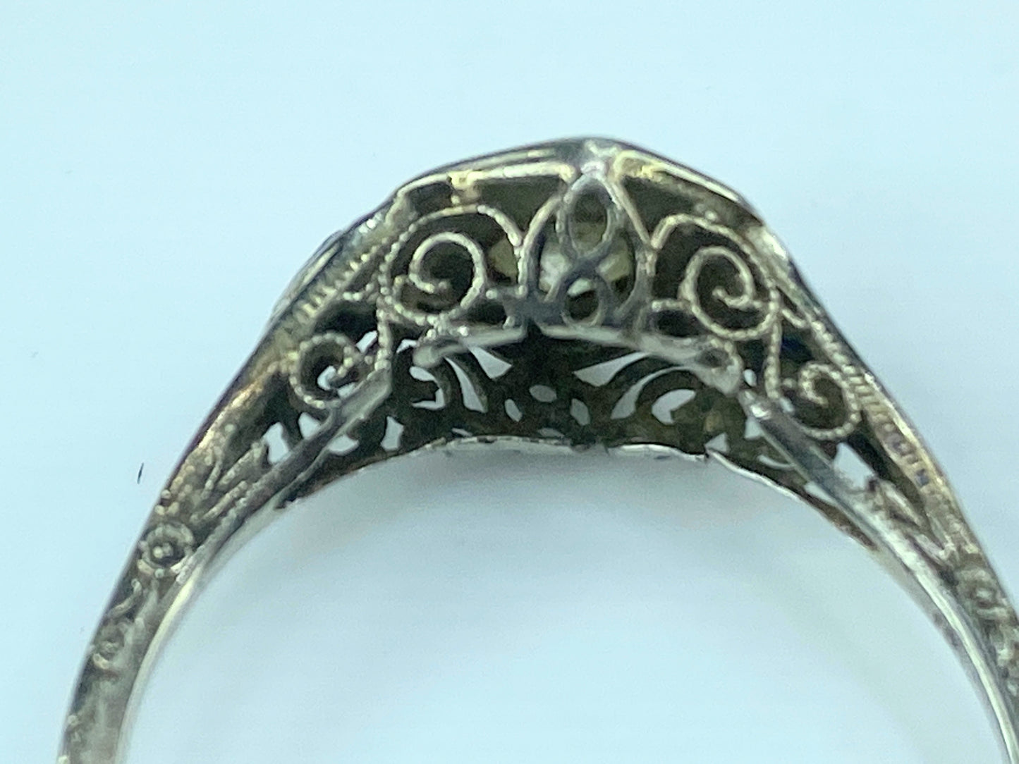 Art Deco 18K 0.45ct G/VS1 Old Euro Diamond and Sapphire Filigree Ring s8.5 JR433