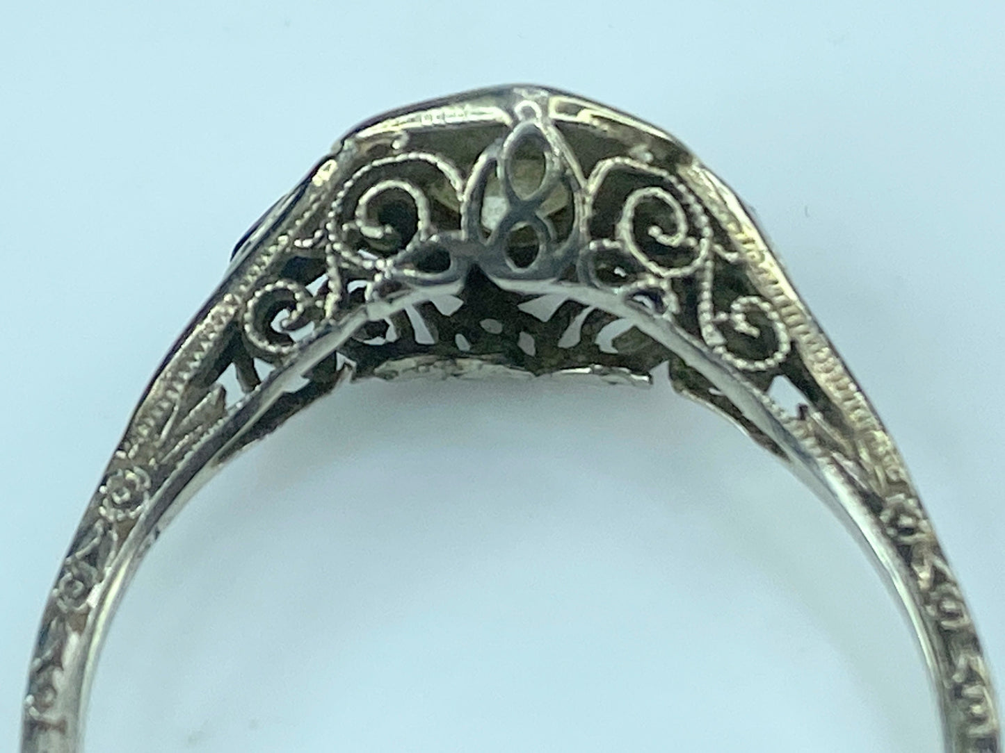 Art Deco 18K 0.45ct G/VS1 Old Euro Diamond and Sapphire Filigree Ring s8.5 JR433