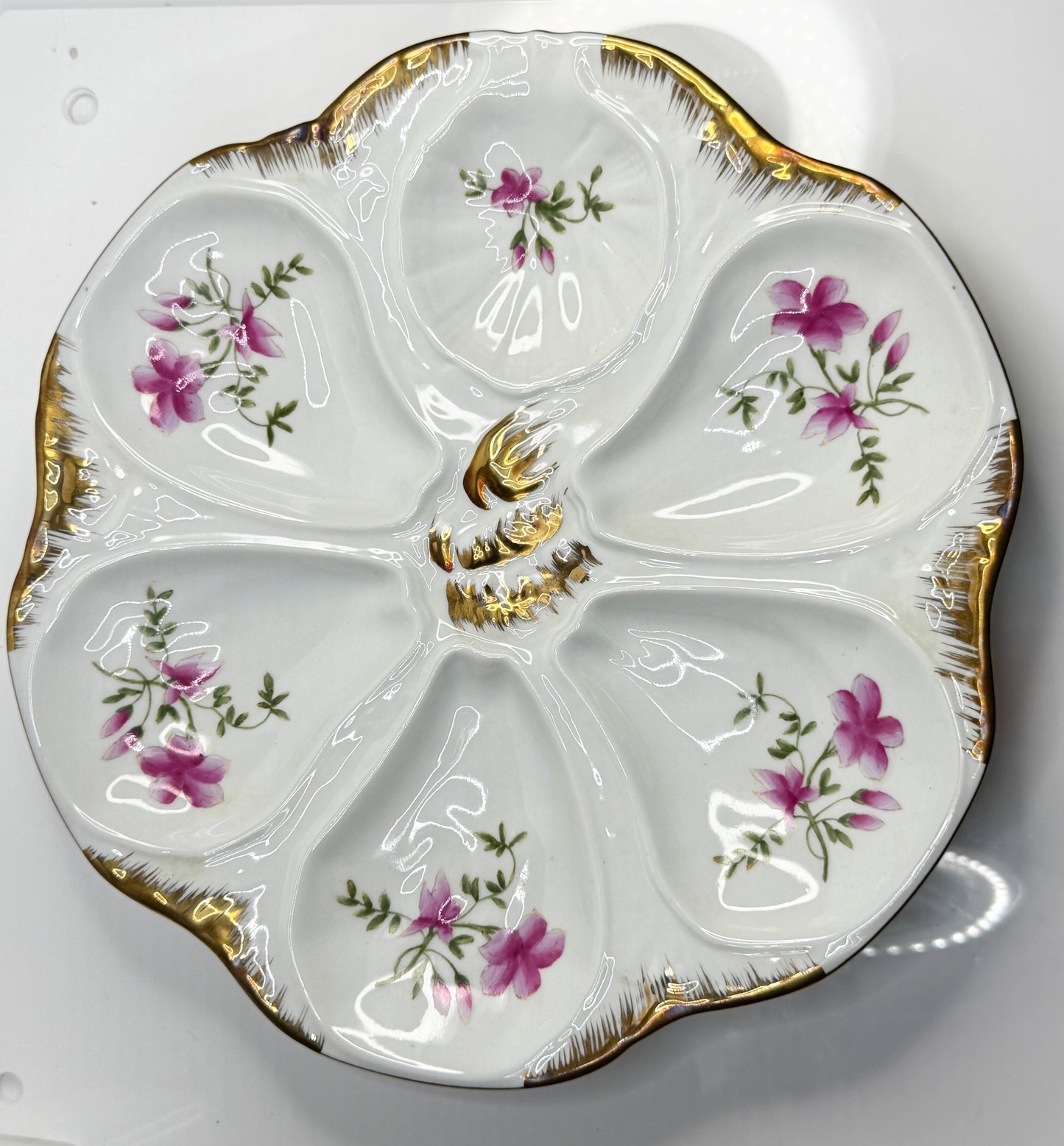 Antique Limoges France Porcelain Oyster Plate Pink Floral Gilt 9.25" A852
