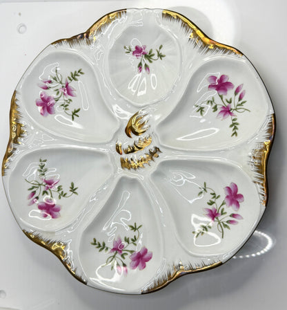 Antique Limoges France Porcelain Oyster Plate Pink Floral Gilt 9.25" A852