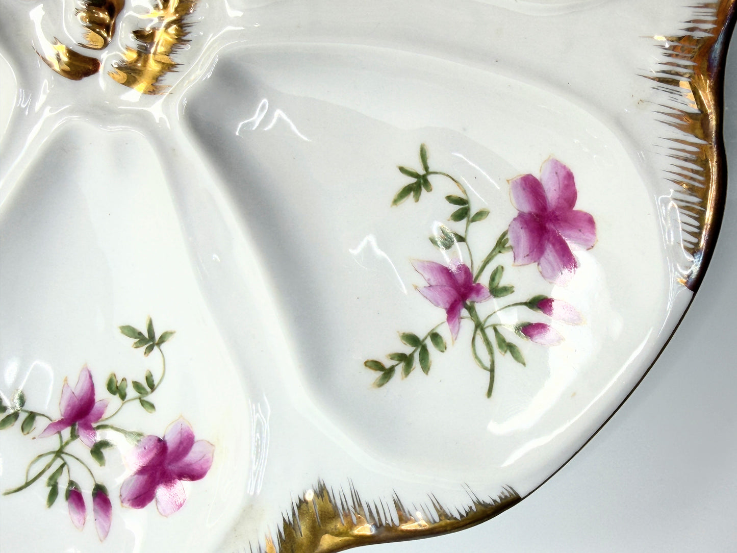 Antique Limoges France Porcelain Oyster Plate Pink Floral Gilt 9.25" A852
