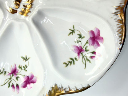 Antique Limoges France Porcelain Oyster Plate Pink Floral Gilt 9.25" A852