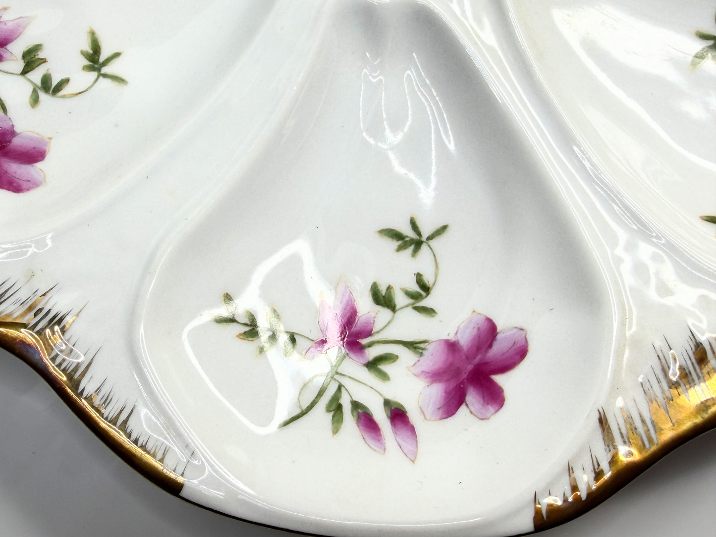 Antique Limoges France Porcelain Oyster Plate Pink Floral Gilt 9.25" A852
