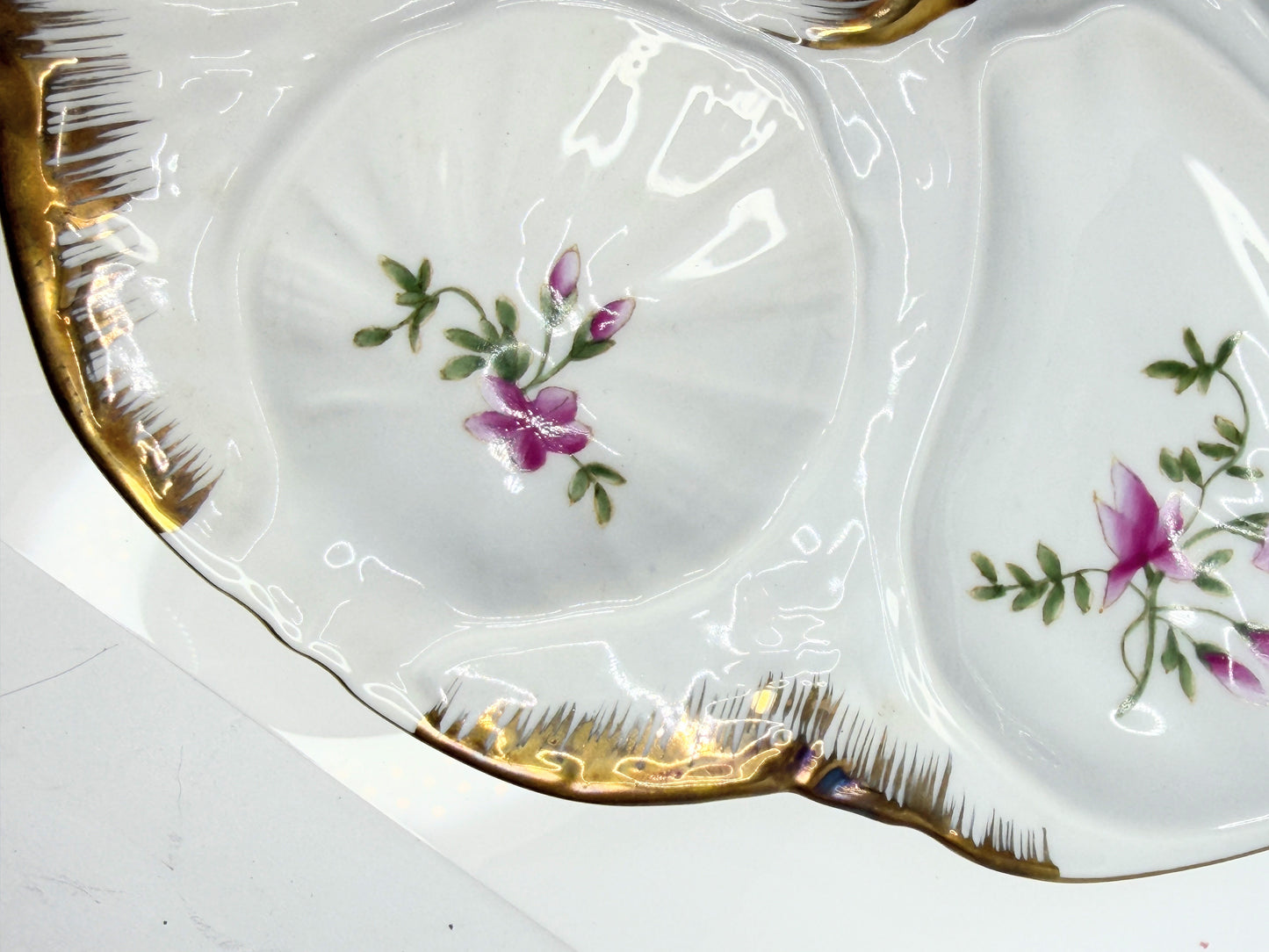 Antique Limoges France Porcelain Oyster Plate Pink Floral Gilt 9.25" A852