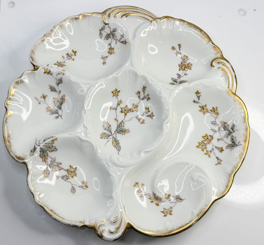 Haviland Limoges Yellow Floral Oyster Plate Gold Trim France 9in A856