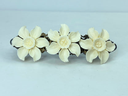 Ornate carved Daffodile black metal tone barrette vintage new old stock GS641