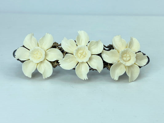 Ornate carved Daffodile black metal tone barrette vintage new old stock GS641