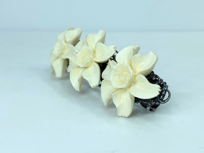 Ornate carved Daffodile black metal tone barrette vintage new old stock GS641