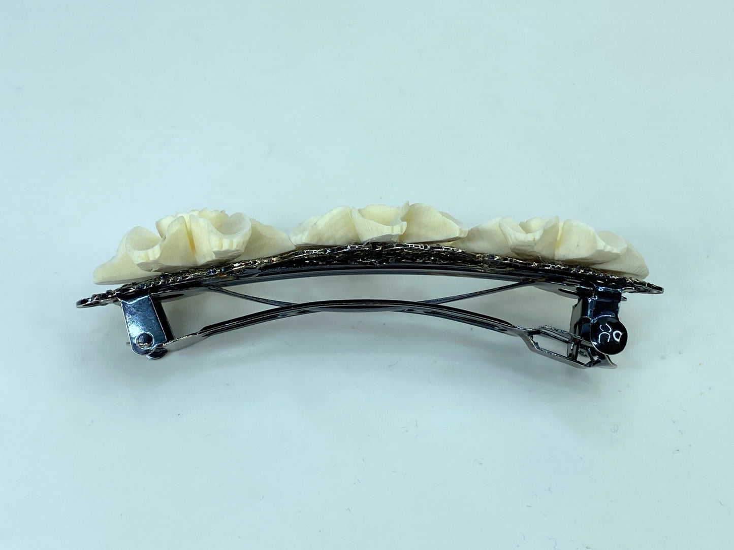 Ornate carved Daffodile black metal tone barrette vintage new old stock GS641