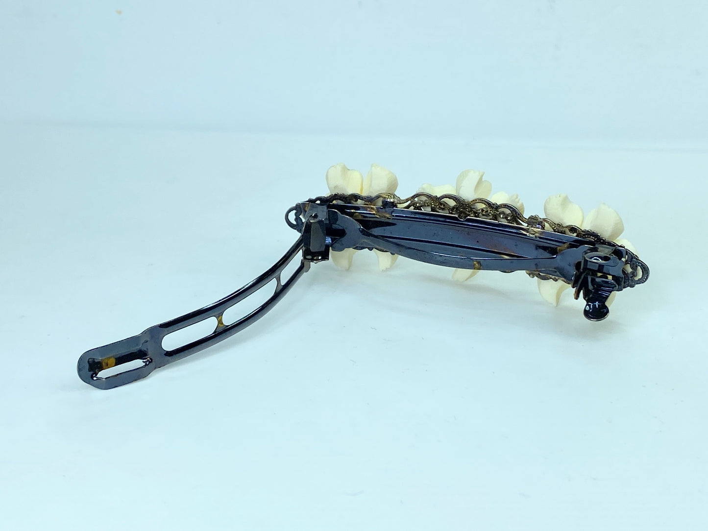 Ornate carved Daffodile black metal tone barrette vintage new old stock GS641