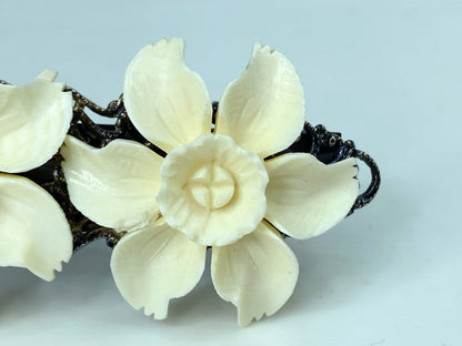 Ornate carved Daffodile black metal tone barrette vintage new old stock GS641