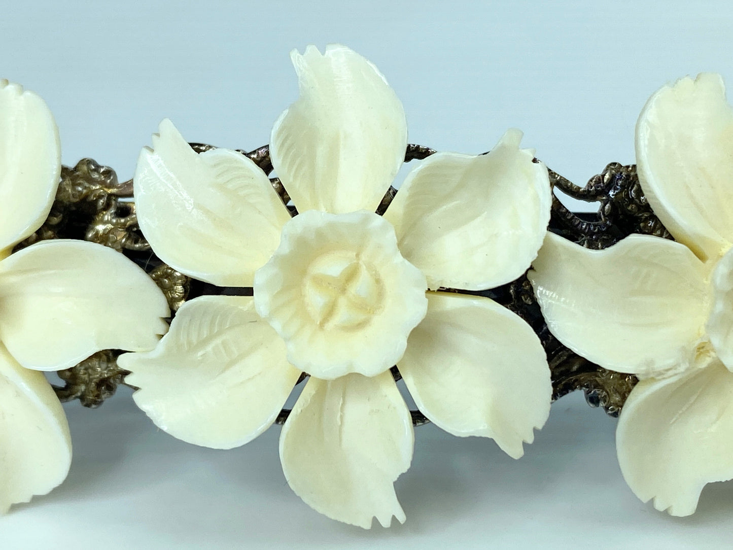 Ornate carved Daffodile black metal tone barrette vintage new old stock GS641