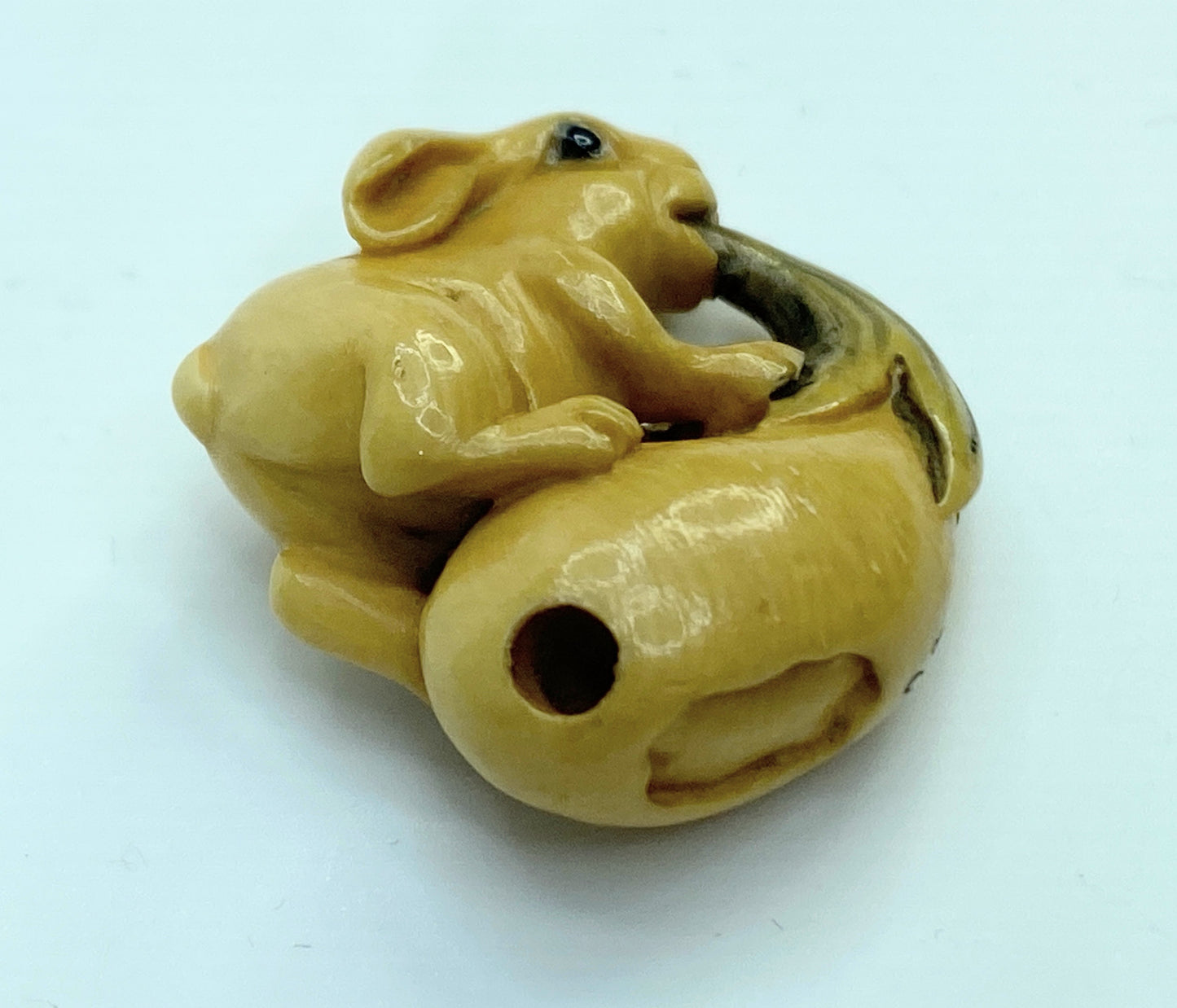 Mid century bone netsuka Rabbit pulling a squash 22.5mm GS646