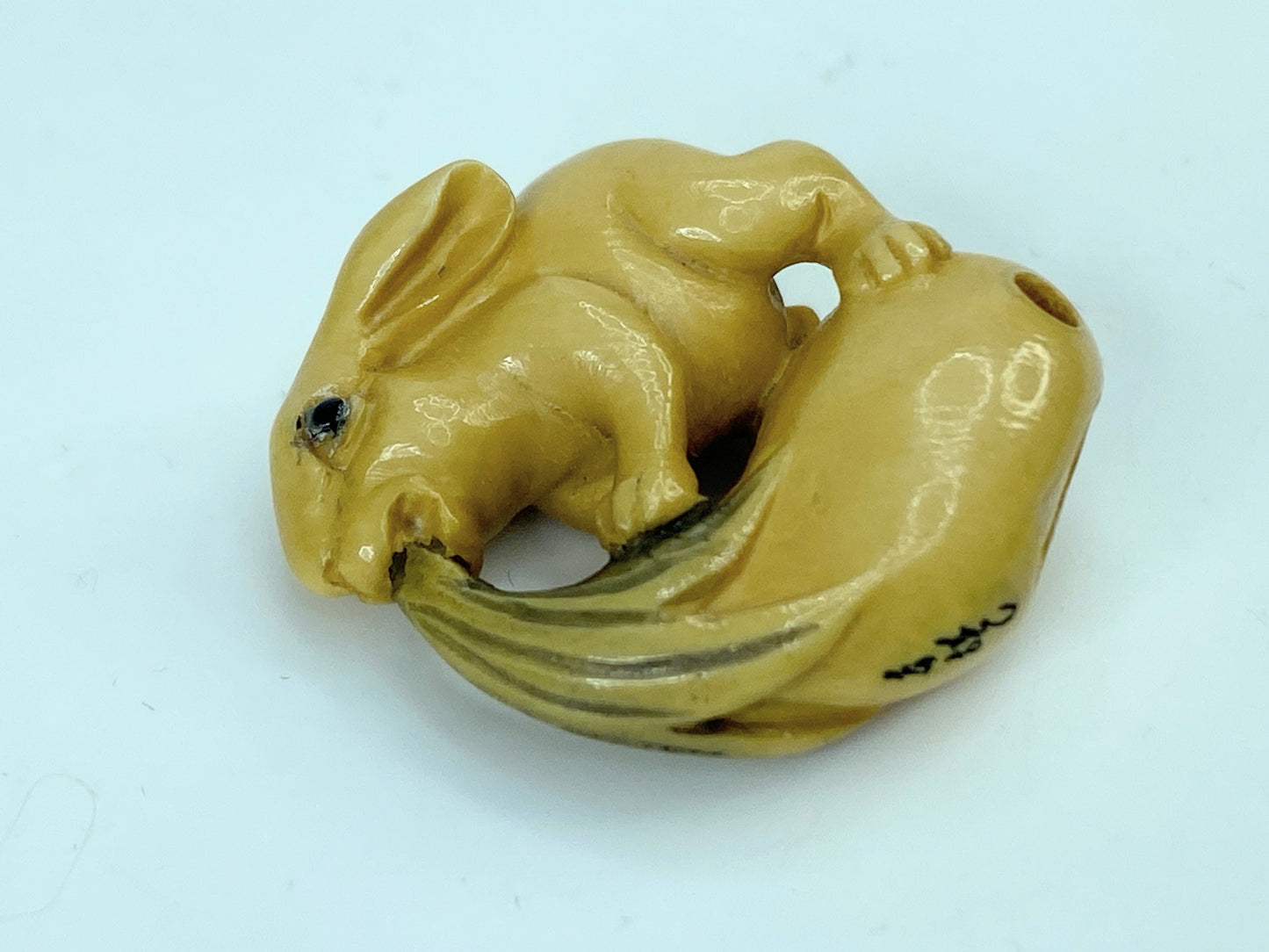 Mid century bone netsuka Rabbit pulling a squash 22.5mm GS646