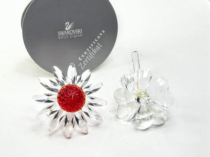 Retired Swarovski Crystal Red Marguerite Daisy & Four Leaf Clover Set of 2 A338