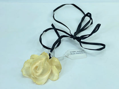 Art Deco carved large Resin/Bone 3D Rose pendant on silk black ribbon 15g GS648